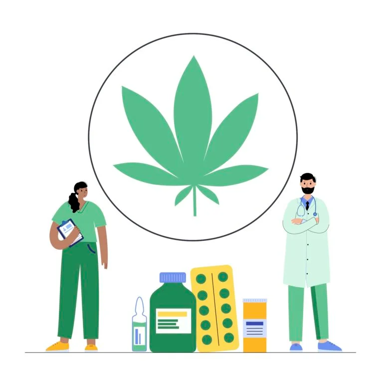 An illustration with a big marijuana leaf, a nurse, a doctor, eye drops, and pills.