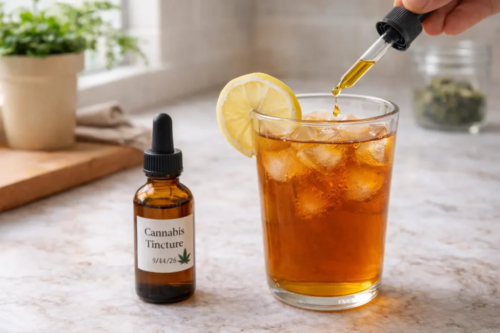 Small amber dropper bottle of cannabis tincture next to a glass of iced tea with lemon, dropper releasing golden liquid into the drink, bright kitchen setting