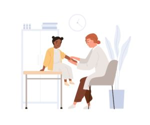 An illustration of a sitting doctor checking out a child on top of a doctor's table.