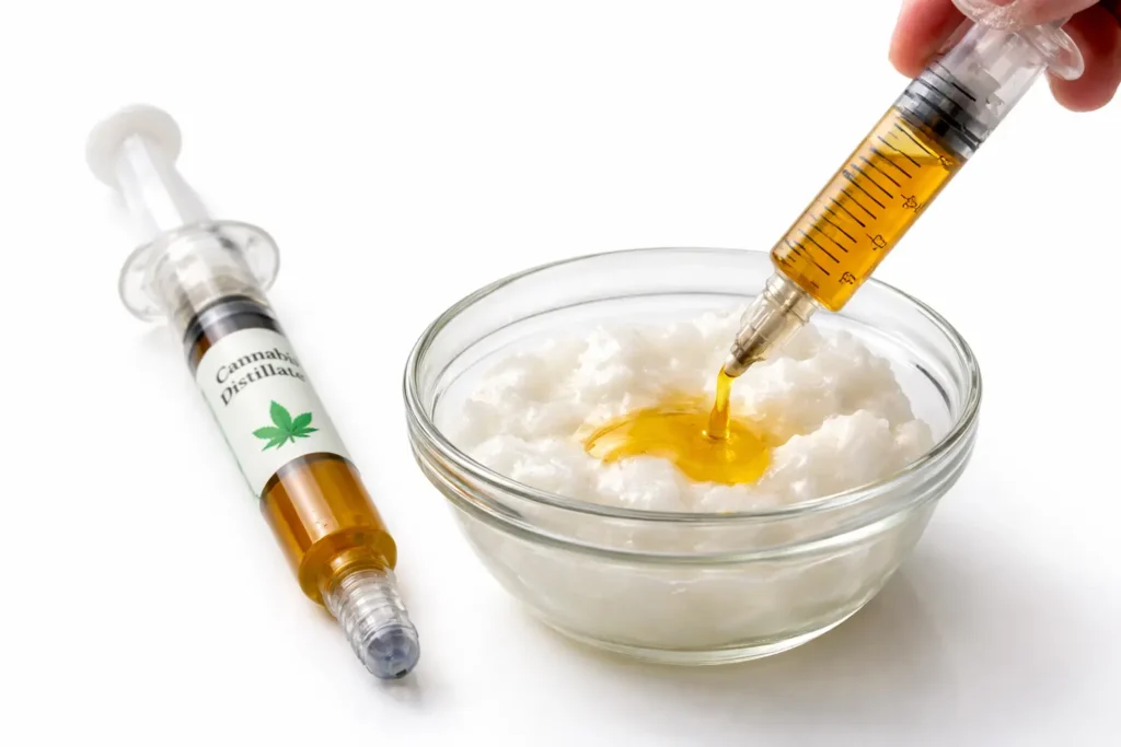 Syringe applicator filled with golden cannabis distillate next to a small glass bowl with coconut oil, showing a small amount of distillate being dispensed into the oil, clean white background