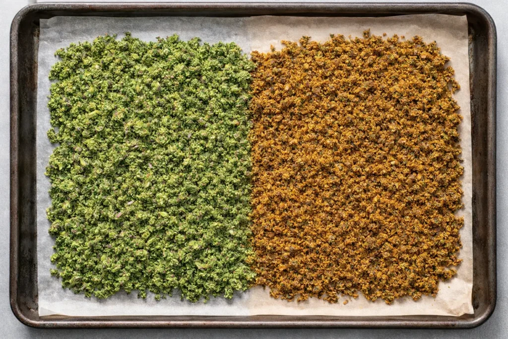 Ground cannabis spread evenly on parchment-lined baking sheet, showing the color difference between raw bright green cannabis on the left and properly decarbed golden-brown cannabis on the right