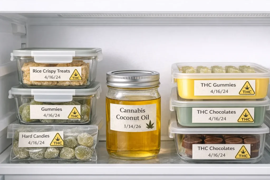 Organized refrigerator shelf showing labeled airtight containers and silicone molds with cannabis edibles, each clearly marked with dates and "THC" warnings, neat and organized presentation