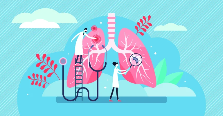 Medical illustration showing doctors examining healthy pink lungs with stethoscope and magnifying glass, representing respiratory health recovery during a cannabis tolerance break