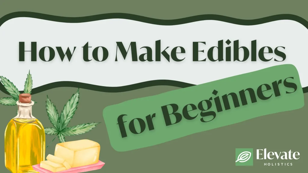 Illustration promoting a beginner’s guide on how to make cannabis edibles, featuring infused oil, butter, and cannabis leaves.