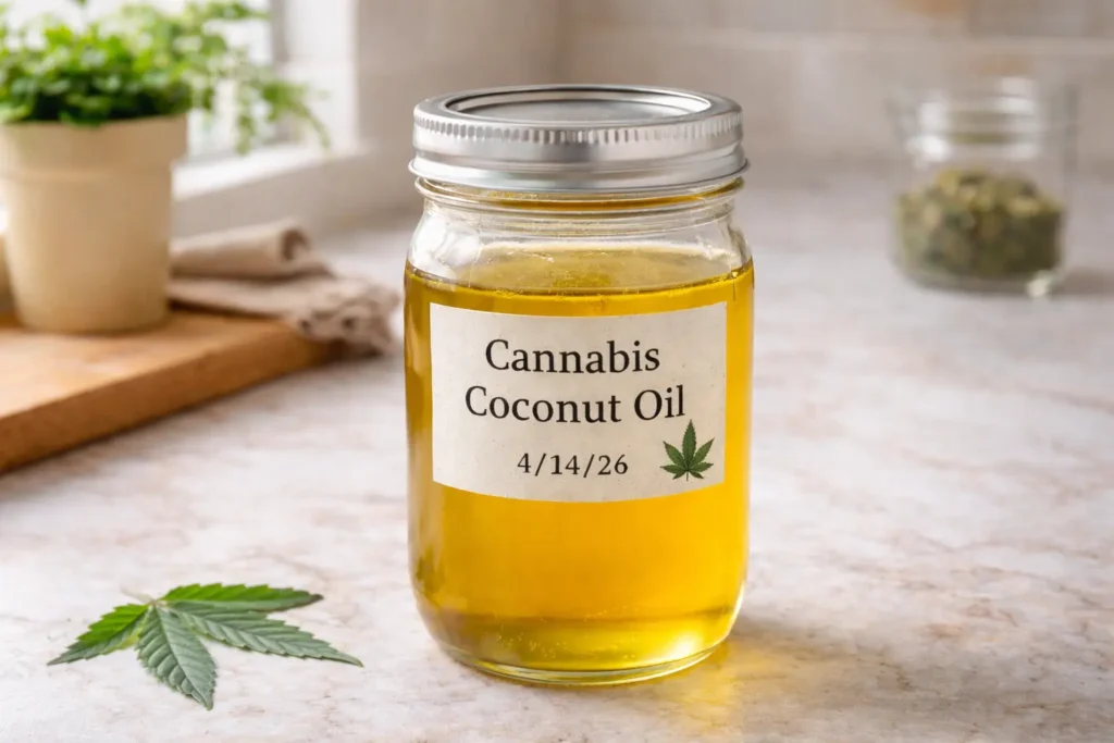 Glass mason jar filled with golden-yellow cannabis-infused coconut oil, sealed with lid, labeled with "Cannabis Coconut Oil" and date, sitting on kitchen counter with small cannabis leaf illustration on label