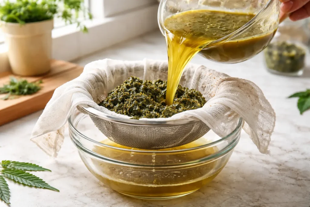 Pouring golden cannabutter mixture through cheesecloth into a glass bowl, with squeezed-out dark green plant material visible in the cloth, kitchen counter setting